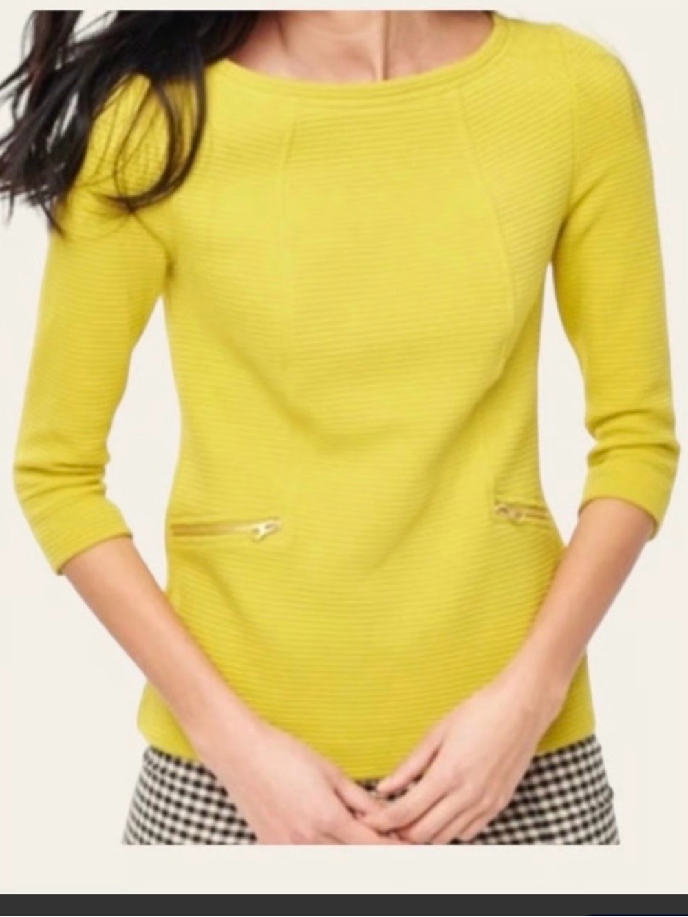 Boden Chartreuse Yellow Ribbed Cotton Zip Detail Top US 12